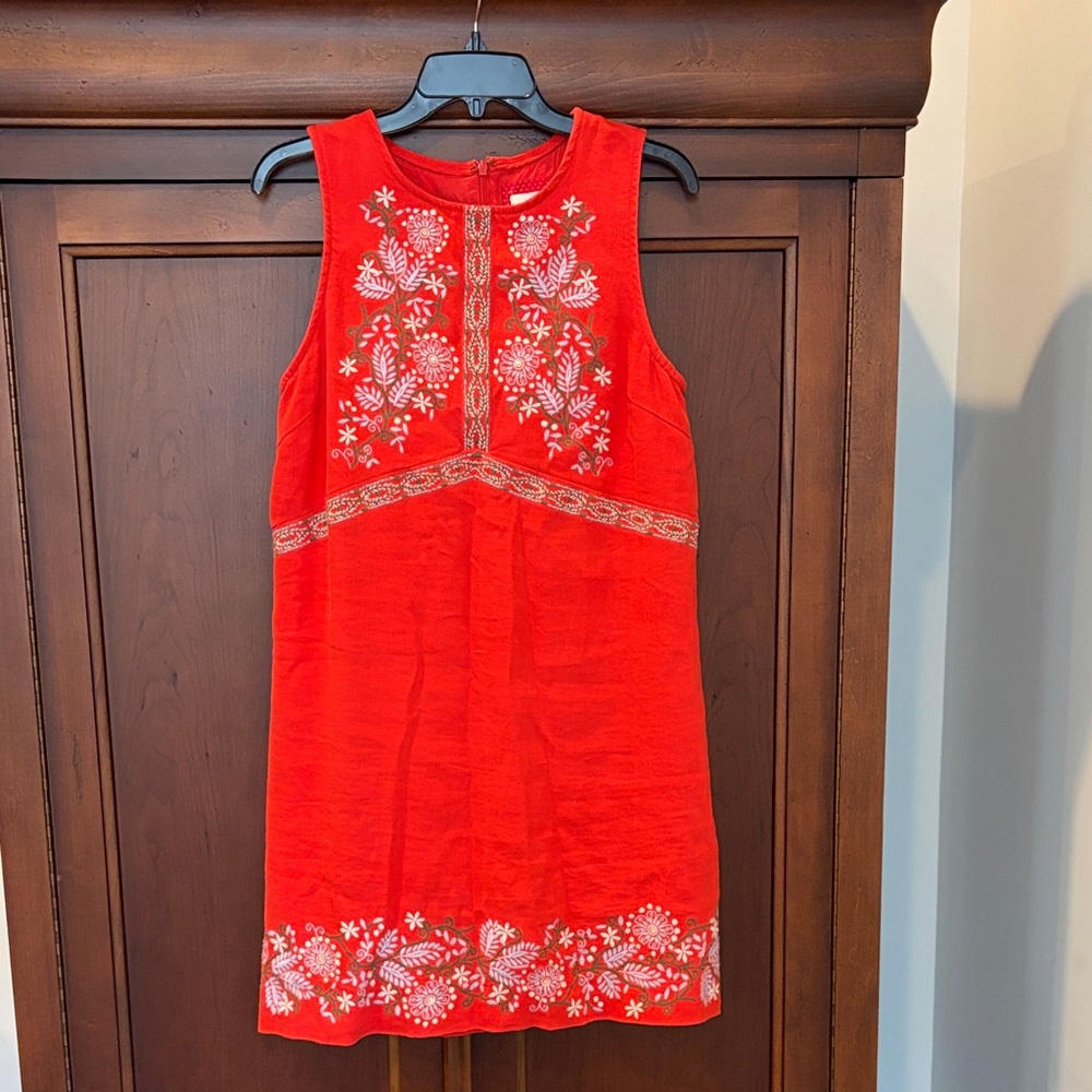 Anthropologie Red Dress with Floral Embroidery